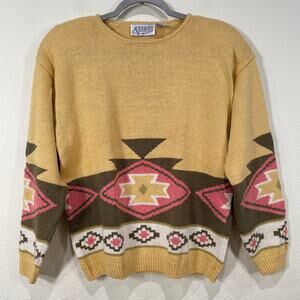 Vintage 80s 90s Yellow Southwestern Tribal Sweater Coastal Grandma Western L